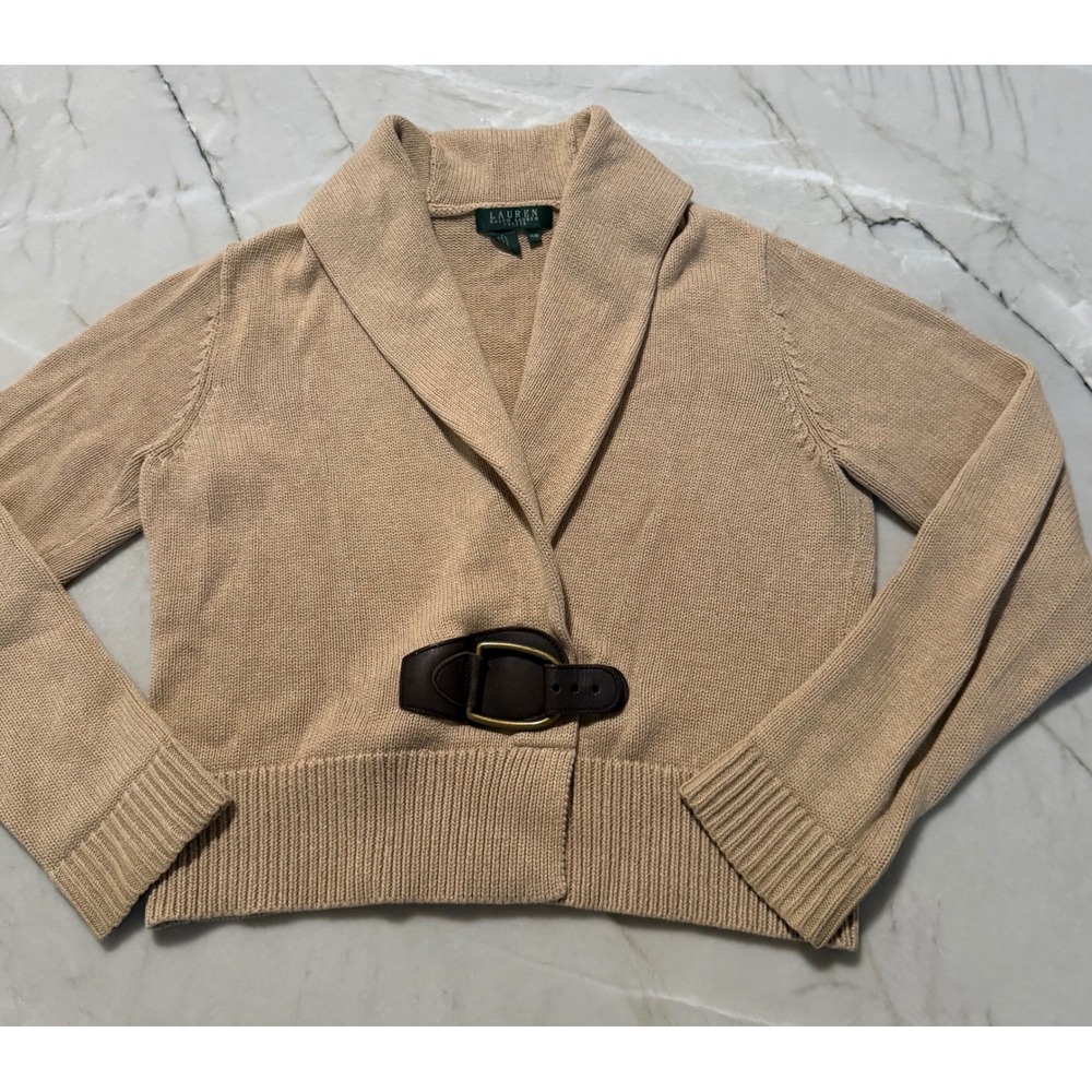 Lauren Ralph Lauren Petite Tan Cotton Shawl Collar Buckle Cardigan Sweater PM
